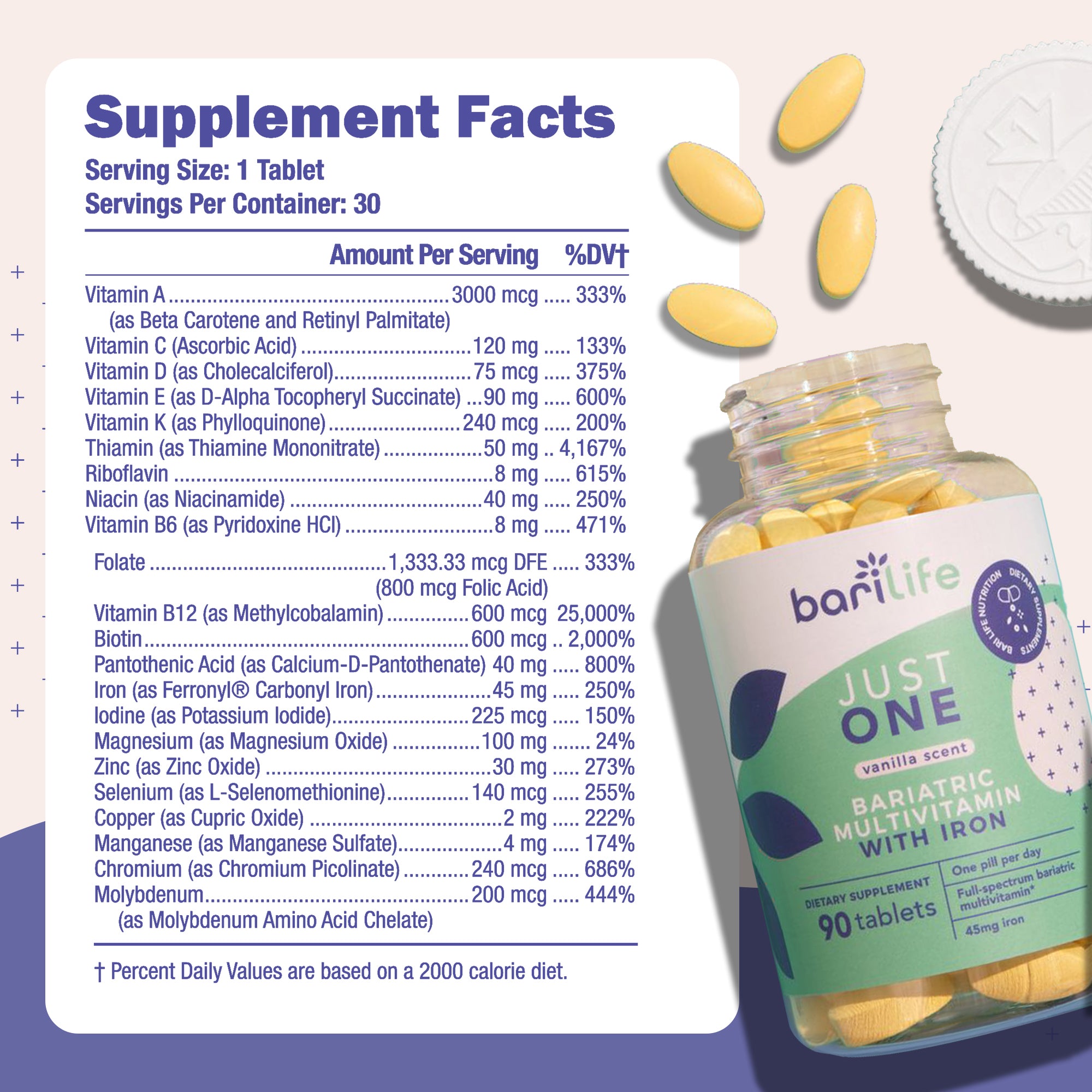Bariatric multivitamin supplement facts with tablets and nutrients information, highlighting vitamins and minerals.
